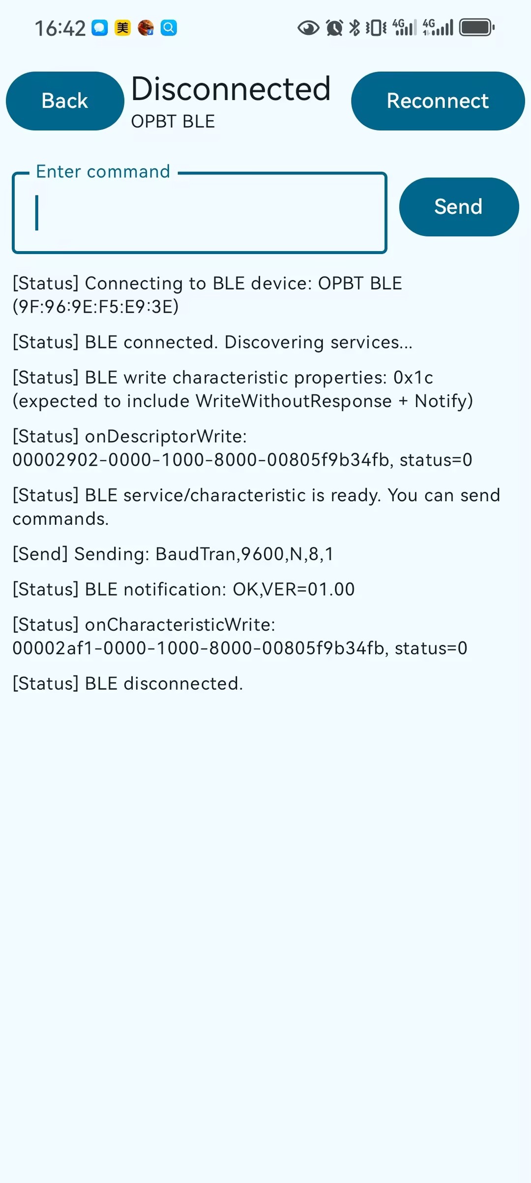Connection detail screen: enter command and show logs